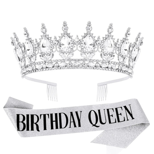 Birthday Crown & Sash Set for Women Sliver Rhinestone Tiara & Birthday Queen Sash for Women Birthday Decorations Happy Birthday Party Decorations for Birthday Crown Adult Woman
