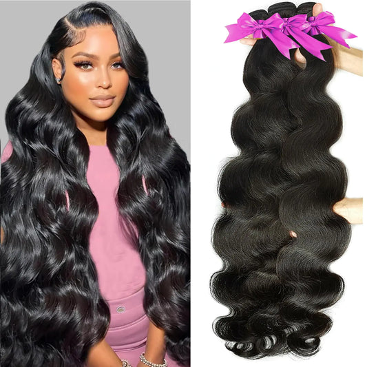 Rao Body Wave Bundles Human Hair 12A Raw Human Hair 100% Unprocessed Brazilian Virgin Human Hair Body Wave Bundles Quick Weave Bundles 24 26 28 Inch 3 Bundles Deals Human Hair Extensions Natural Black