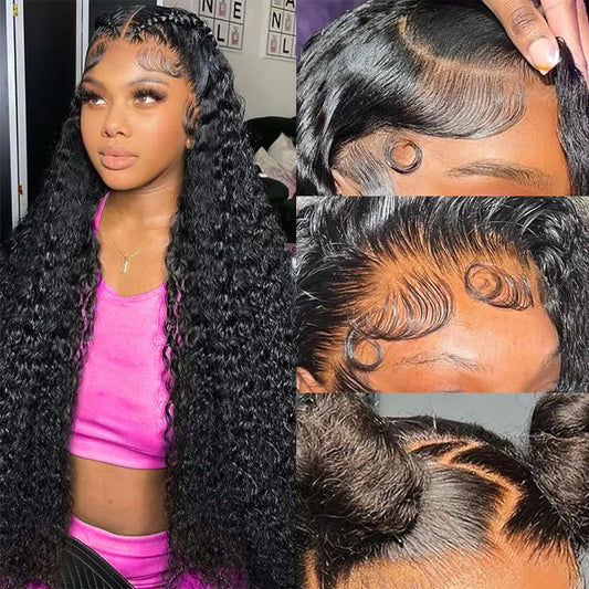 Water Wave Lace Front Wigs Human Hair 13x6 Full Frontal HD Transparent Human Hair Lace Front Wigs for Women 180% Density Deep Curly Human Hair Wigs Wet And Wavy Pre Plucked with Baby Hair 28Inch