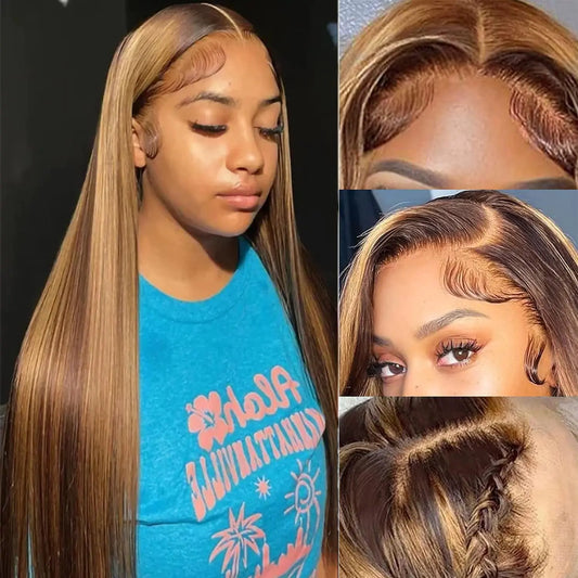 Lala Straight Ombre Lace Front Wigs Human Hair Pre Plucked 26inch Highlighted Wig Human Hair 13x6 Human Hair Wig With Highlights 180% Density Brown Highlighted Wig Human Hair