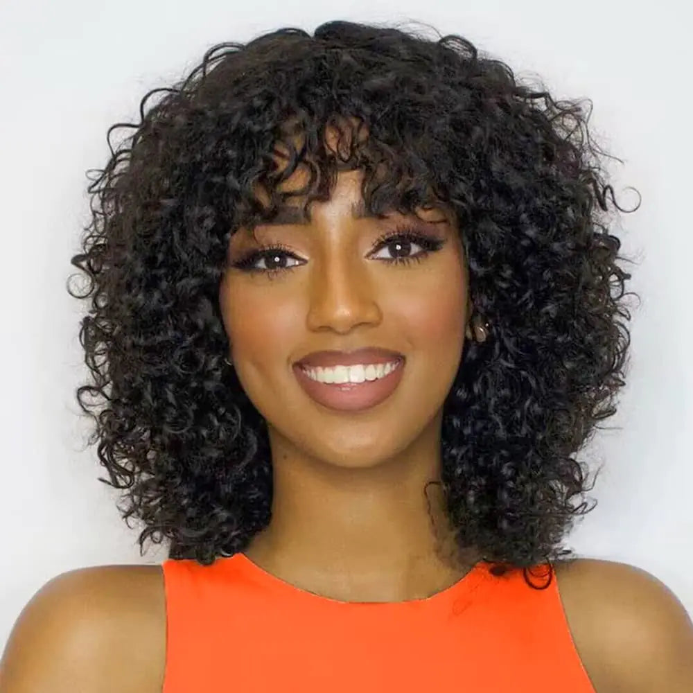 Lala Short Bob Curly Human Hair Wigs with Bangs Wear and Go Glueless None Lace Front Human Hair Wigs for Black Women 180% Density Brazilian Unprocessed Virgin Kinky Curly Fringe Bang Wig Human Hair 14 inch