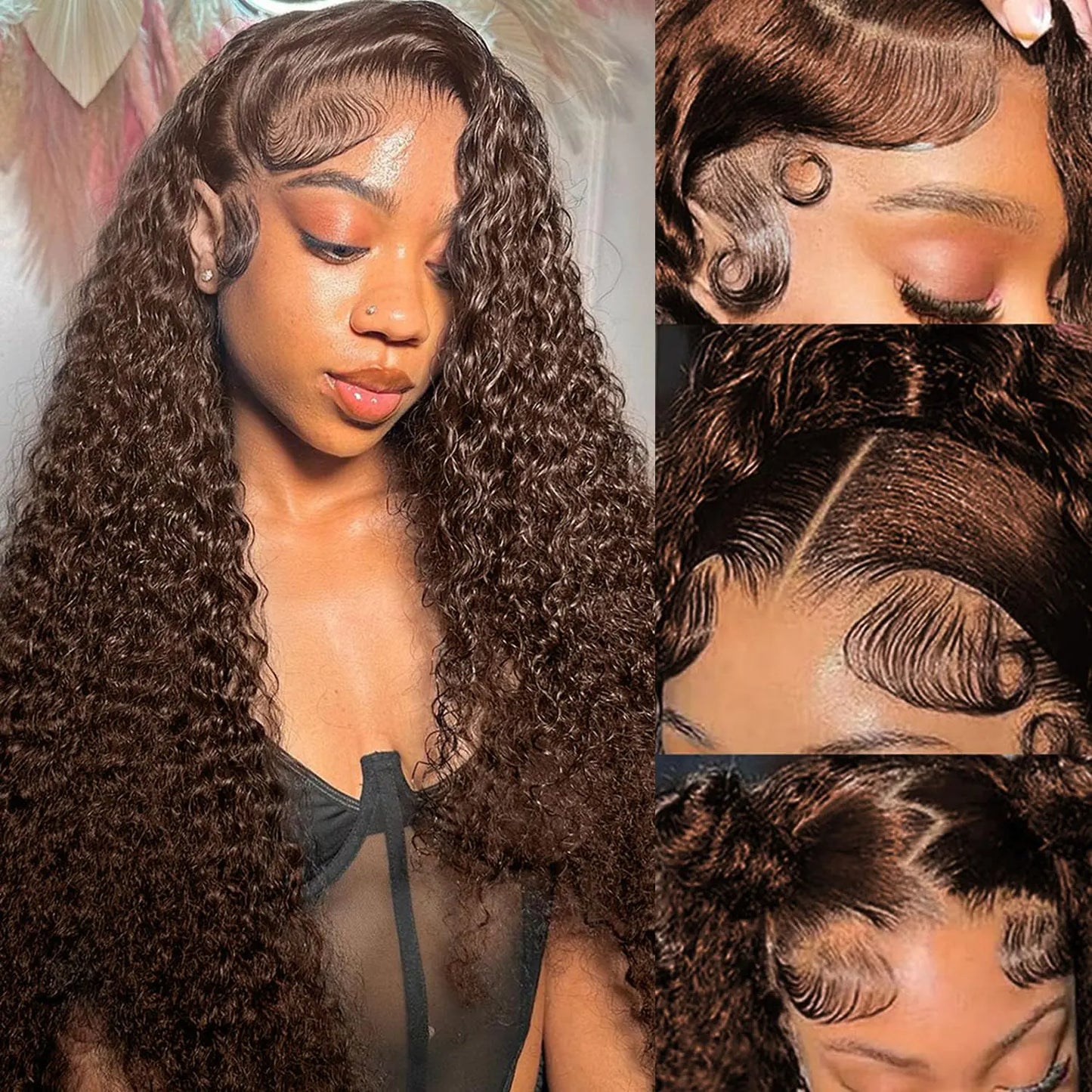 22 Inch Brown Deep Wave Lace Front Wigs 100% Human Hair 13x6 Chocolate Brown Lace Front Wig Human Hair Pre Plucked 200 Density HD Lace Frontal #4 Colored Curly Wig Wet and Wavy