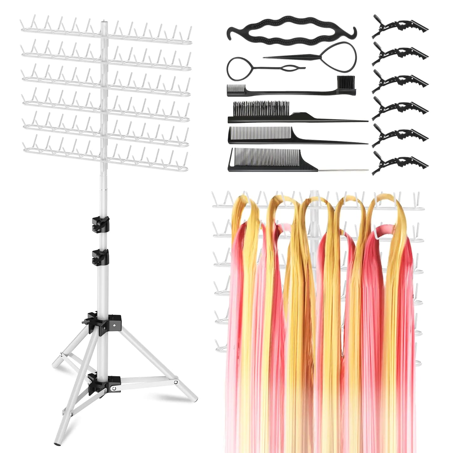 WHITE 144 Pegs Braiding Hair Rack Height Adjustable Braiding Hairstand 2-sides Hair Rack for Braiding Hair Braiding Rack Stand for hair with Stylist Hair Braiding Tools