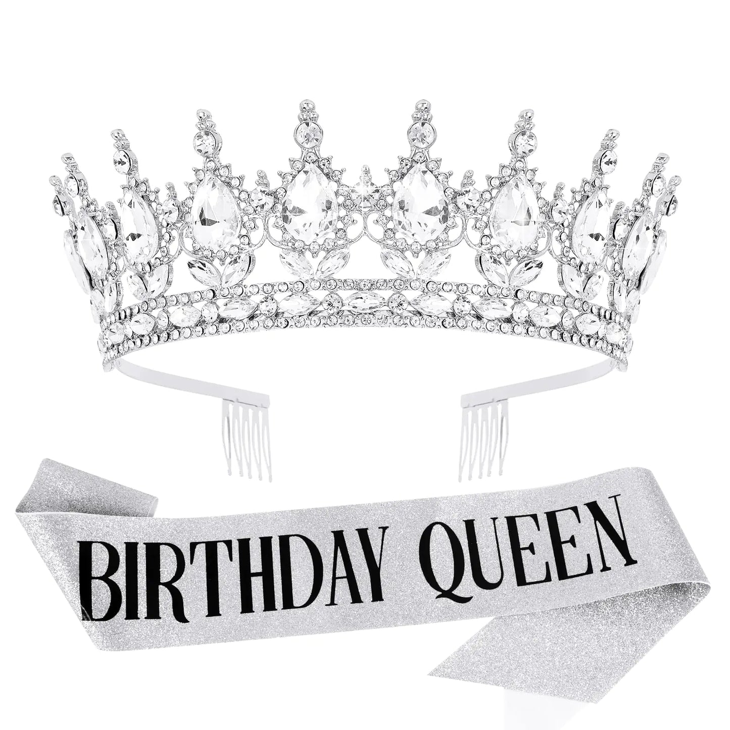 Birthday Crown & Sash Set for Women Sliver Rhinestone Tiara & Birthday Queen Sash for Women Birthday Decorations Happy Birthday Party Decorations for Birthday Crown Adult Woman