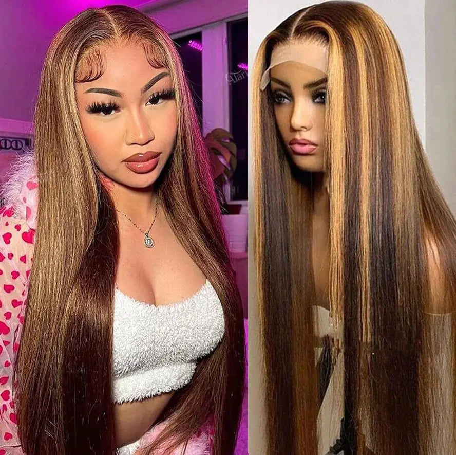 Honey Blonde Wig Human Hair Straight Highlight Lace Front Wig Human Hair 180 Density Ombre Lace Front Wig Human Hair Pre Plucked Bleached Knots Transparent Frontal Wigs Human Hair(18inch)