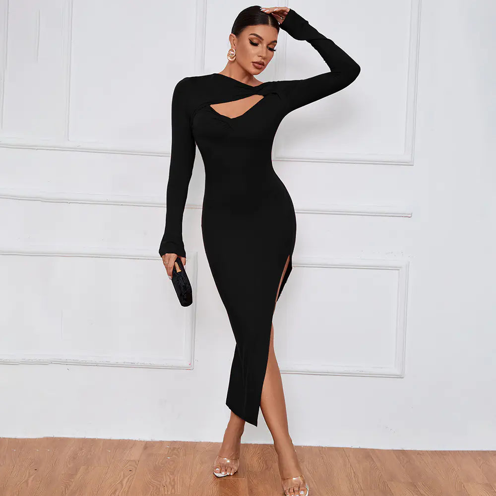 Long Sleeve Dress with Sexy Slit Skirt Design