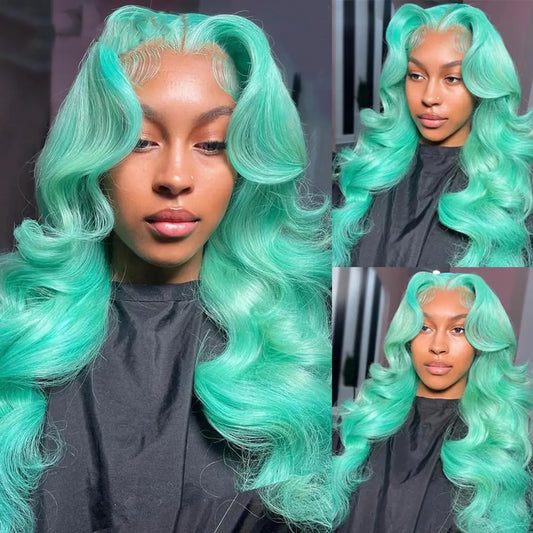Mint Green 13x4 Body Wave Lace Front Wigs Human Hair 200 Density Pre Plucked Pre Cut UHD Lace Glueless Wig Colored Brazilian Virgin Hair Wigs For Black Women 26 inches