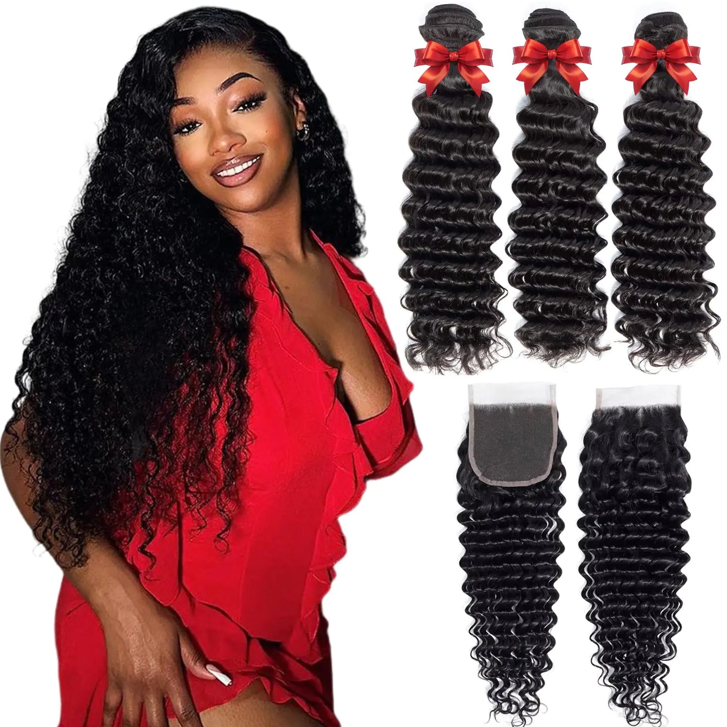 Deep Wave Human Hair Bundles with 4x4 Lace Closure (14 16 18+12) 100% Unprocessed Virgin Human Hair 3 Bundles with Closure Hair Pre Plucked with Bady Hair Extensions Natural Color