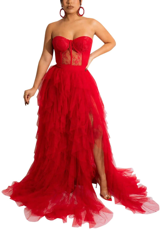 Women Sexy Tulle Dress Crochet Lace Mesh See Through Maxi Cocktail Party Dress 2277-red