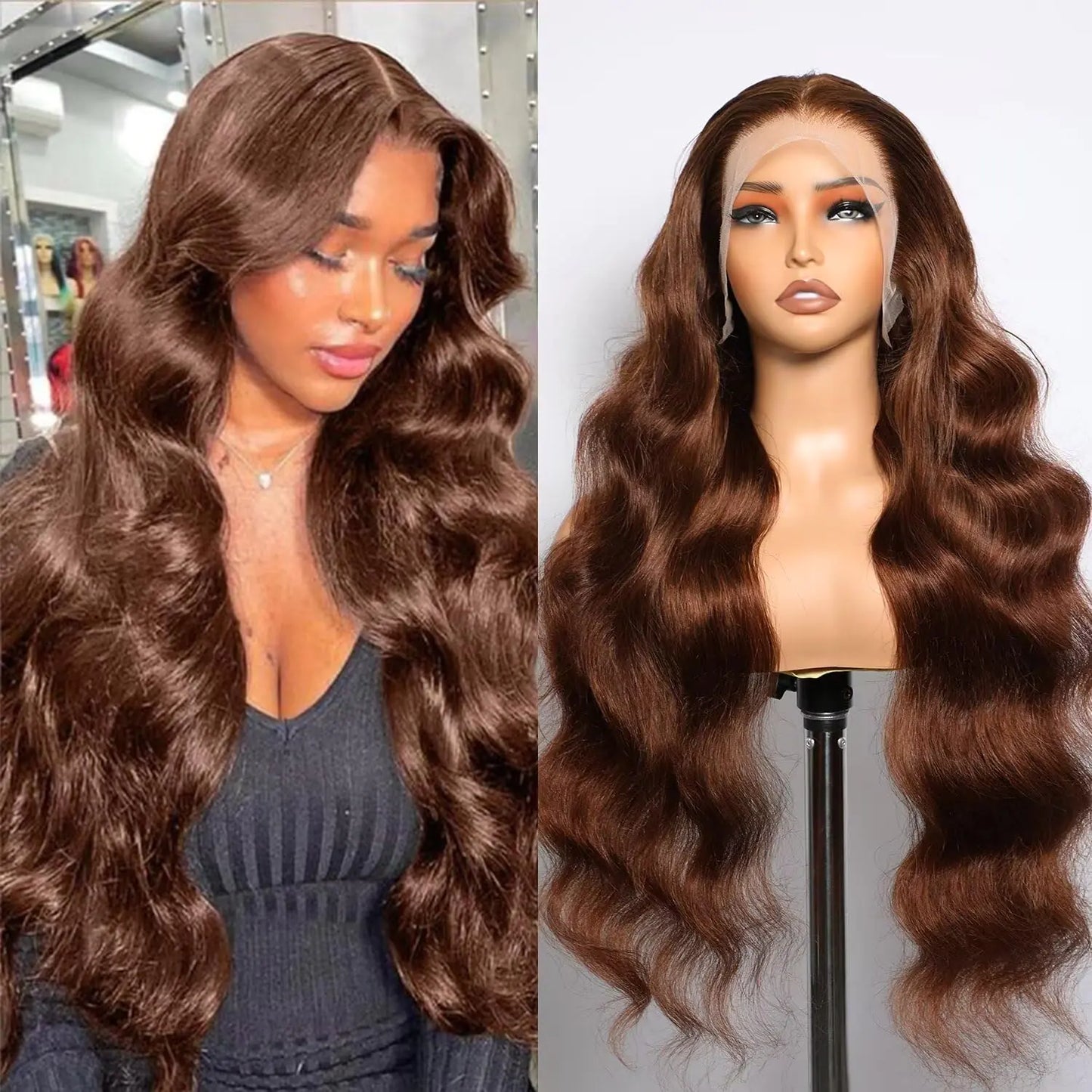 210% Chocolate Brown Body Wave 13x4 Full Lace Frontal Human Hair Wigs 30Inch 13x4 HD Transparent Lace Front Wigs Brazilian Virgin Human Hair Wigs Trendy Color
