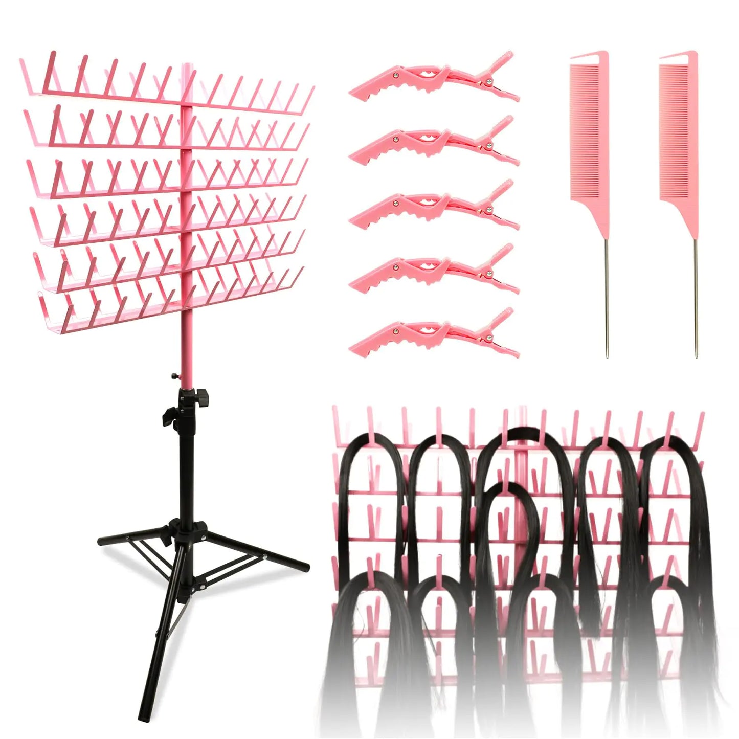 PINK Braiding Hair Rack with 144 Pegs and Tools Height Adjustable Braiding Rack Braiding Stand with Hair Braiding Tools Easy to Carry Braid Rack for Hair Salon Home Traveling
