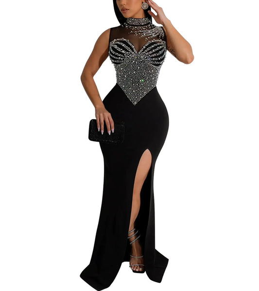 Womens Sexy Elegant Rhinestone Mesh See Through Sleeveless Side Split Bodycon Maxi Dress(F6913BlackM)