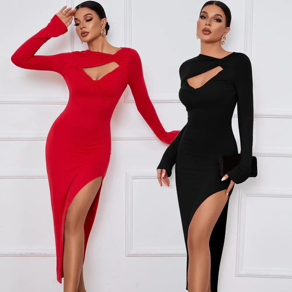 Long Sleeve Dress with Sexy Slit Skirt Design