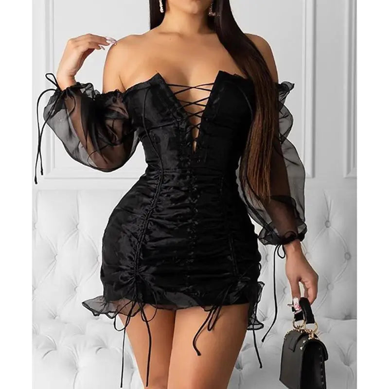 Black Mesh Lace-Up Sexy Party Dress for Women