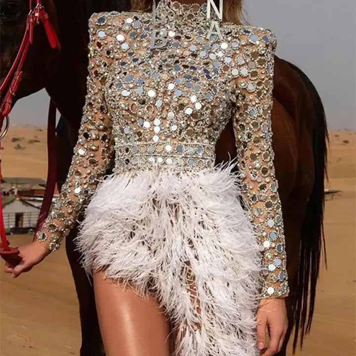 Gold Sprinkled Round Neck Party Dress with Slit Skirt