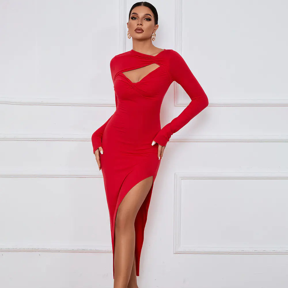 Long Sleeve Dress with Sexy Slit Skirt Design