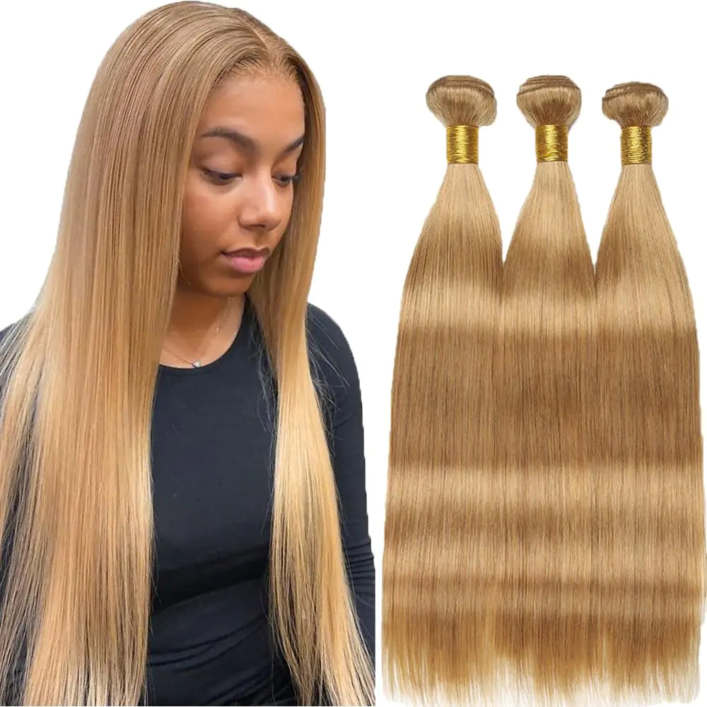 Honey Blonde Bundles Color 27 Straight Human Hair Bundles Brazilian Virgin Hair Color 27 Bundles Human Hair 14 16 18 Inch Honey Blonde Bundles Remy Hair Extensions