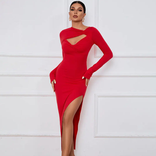 Long Sleeve Dress with Sexy Slit Skirt Design