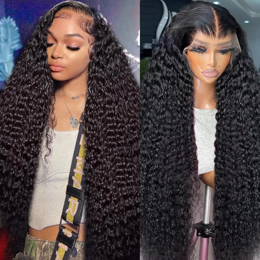 Deep Wave Lace Front Wigs Human Hair 180% Density 13x4 Curly Lace Front Wig Human Hair Wigs for Black Women 13x4 HD Lace Frontal Glueless Wigs Human Hair Pre Plucked Natural Color（34 Inch）