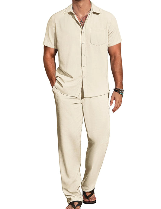 Men Beach Outfits Summer Linen Outfits Sets Loose Long Pants Vacation Outfits Sets 2 Piece Walking Suits