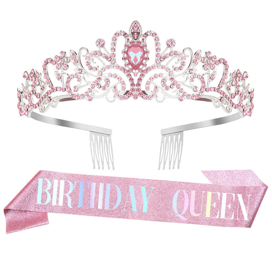 Birthday Crown for Girls Pink Tiara Sash Gifts for Womens Birthday Rhinestone Crystal Headband Princess Queen Crown Happy Birthday Decorations Birthday Gift Ideas Birthday Accessories Gifts for Women