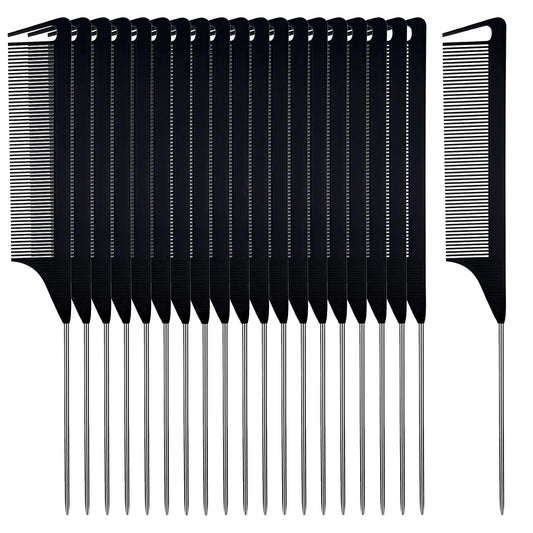 40Pcs Metal Rat Tail Comb 8.85 Inch Comb with Parting Tip Stainless Steel Pintail Comb Carbon Fiber Anti Static Heat Resistant Comb for Curly Braiding Styling Hair (Black)