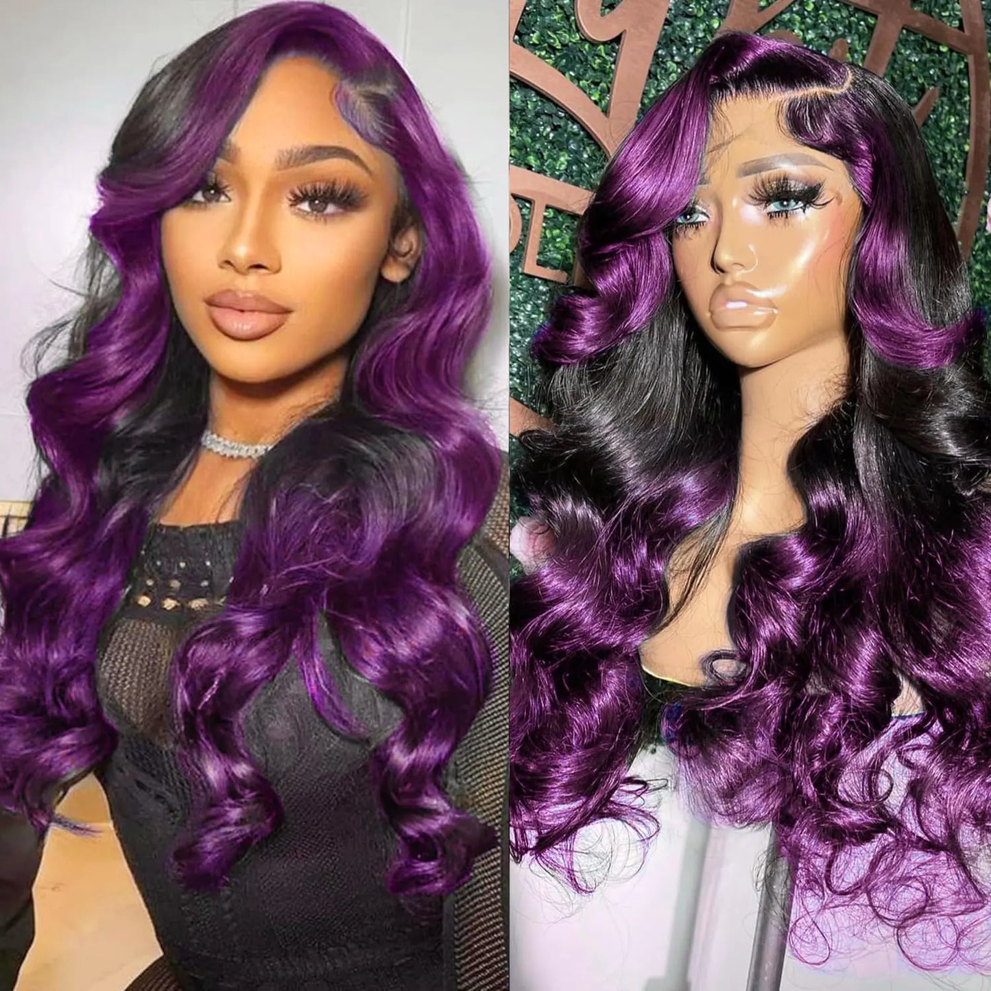 Ombre Purple 13x4 Skunk Stripe Wigs Human Hair Lace Front Body Wave Dark Burgundy with Nature Color Skunk Stripe Wigs Pre Plucked Natural Hairline with Baby Hair Highlight Wigs 150% Densty 20 Inch