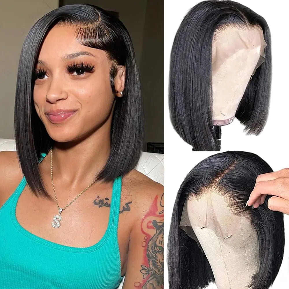 Bob Wig Human Hair 13x6 HD Lace Front Bob Wigs Human Hair Short Straight Bob Wigs for Black Women Human Hair Glueless Bob Wig Human Hair Pre Plucked with Baby Hair 180% Density Natural Black 10 Inch