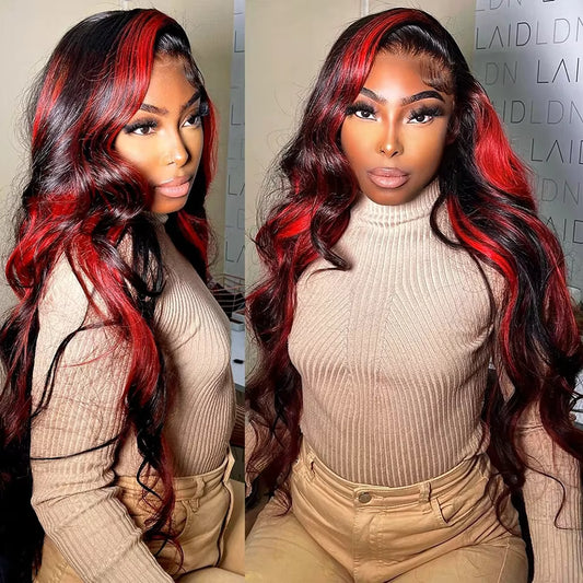 13x6 Highlight Red With Black Lace Frontal Closure Wig 100%Human Hair Ombre Color Brazilian Body Wave Lace Front Wig Preplucked for Women