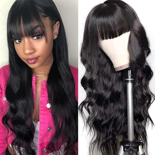 Lala Hair Body Wave Wigs with Bangs Human Hair Wigs for Black Women None Lace Front Wigs 150% Density Brazilian Virgin Hair Glueless Wig Natural Color (24inch)