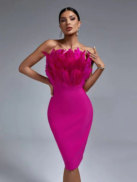 Pink Feather Bodycon Midi Dress for Women - Elegant Party