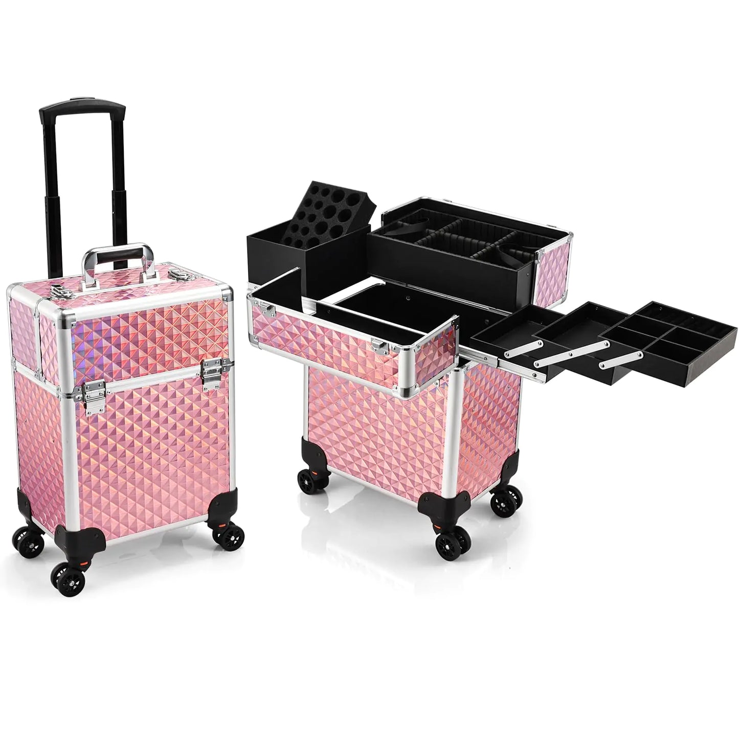 Rolling Makeup Case Extra Large Makeup Train Case 4 Tray with Sliding Rail Removable Layer Cosmetology Case on Wheels for Makeup Artists Nail Art Salon Barber Trunk Traveling Storage Pink