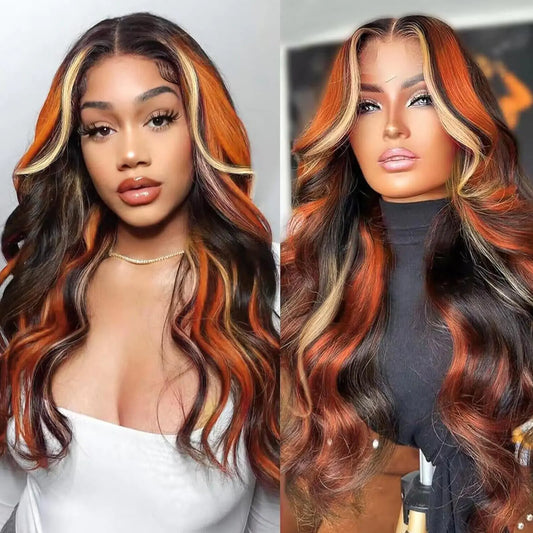 Ginger Blonde Highlight Wig Human Hair Multi Colored Ombre Lace Front Wigs Orange and Honey Blonde Skunk Stripe Human Hair Wig Body Wave Hd Lace Frontal Wig 13x4 Pre Plucked 180% Density 24 In